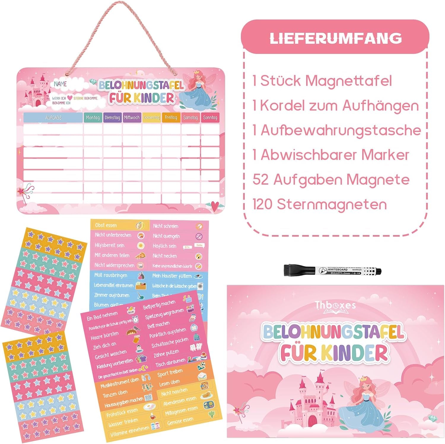 Magnetische Belohnungstafel Kinder, Magnettafel Mit 52 Aufgaben Magnete Und 120 Sternmagneten, Aufgabenplaner Wochenplaner Belohnungssystem Für Routine Verhalten Töpfchentraining (Prinzessin Schloss)
