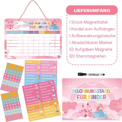Magnetische Belohnungstafel Kinder, Magnettafel Mit 52 Aufgaben Magnete Und 120 Sternmagneten, Aufgabenplaner Wochenplaner Belohnungssystem Für Routine Verhalten Töpfchentraining (Prinzessin Schloss)