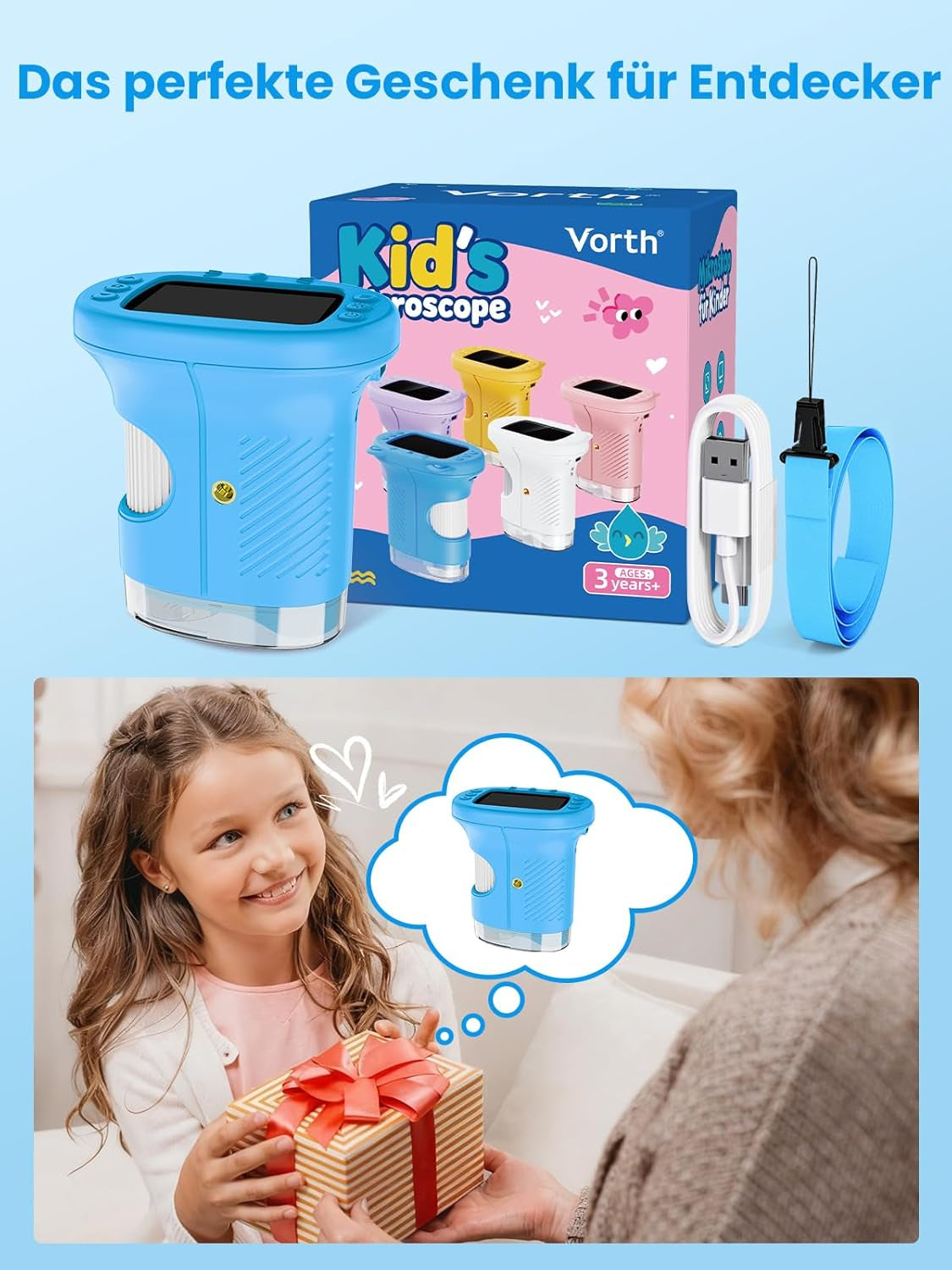 Mikroskop Für Kinder, 2.4 Zoll Digitales Mikroskop Mit 1000-Facher Vergrößerung, Tragbares Taschenmikroskop, Pädagogisches Weihnachten Spielzeug Für Kinder Ab 4 5 6 7 8 9 10 11 12+, Blau