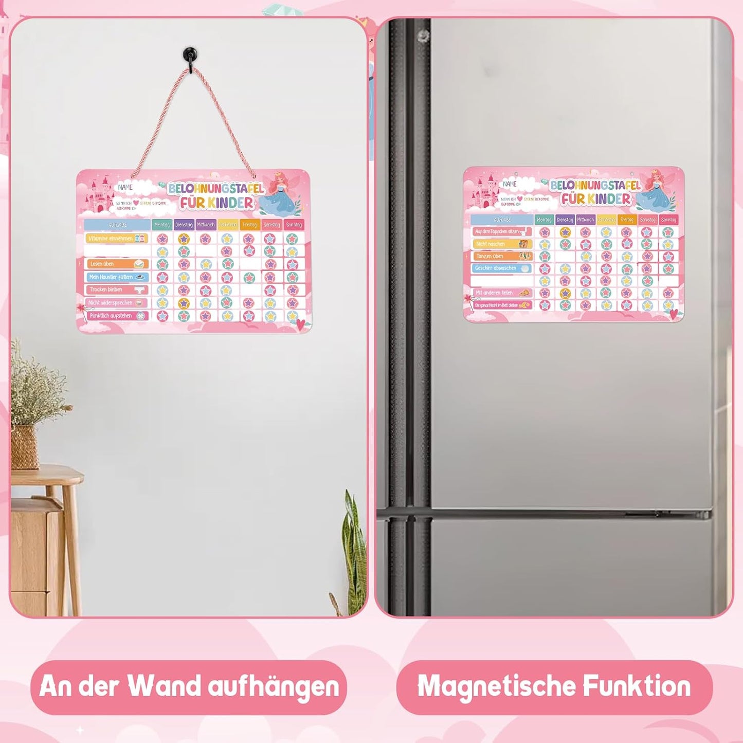 Magnetische Belohnungstafel Kinder, Magnettafel Mit 52 Aufgaben Magnete Und 120 Sternmagneten, Aufgabenplaner Wochenplaner Belohnungssystem Für Routine Verhalten Töpfchentraining (Prinzessin Schloss)