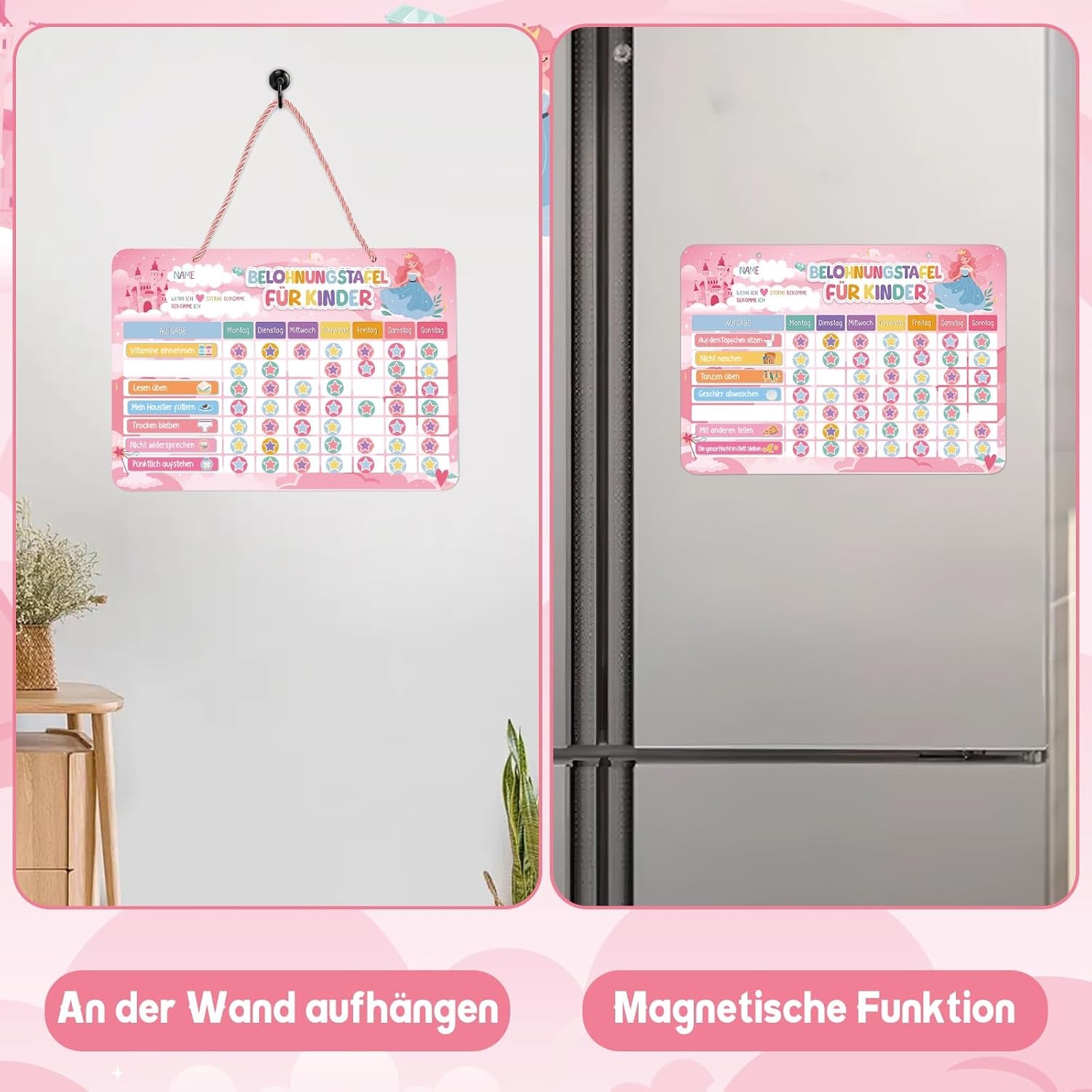 Magnetische Belohnungstafel Kinder, Magnettafel Mit 52 Aufgaben Magnete Und 120 Sternmagneten, Aufgabenplaner Wochenplaner Belohnungssystem Für Routine Verhalten Töpfchentraining (Prinzessin Schloss)