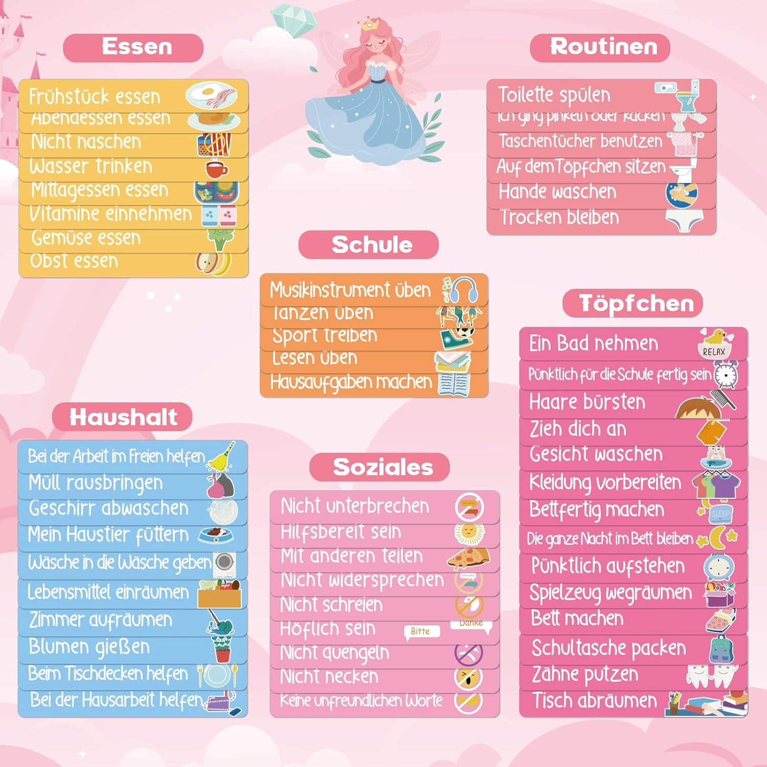 Magnetische Belohnungstafel Kinder, Magnettafel Mit 52 Aufgaben Magnete Und 120 Sternmagneten, Aufgabenplaner Wochenplaner Belohnungssystem Für Routine Verhalten Töpfchentraining (Prinzessin Schloss)