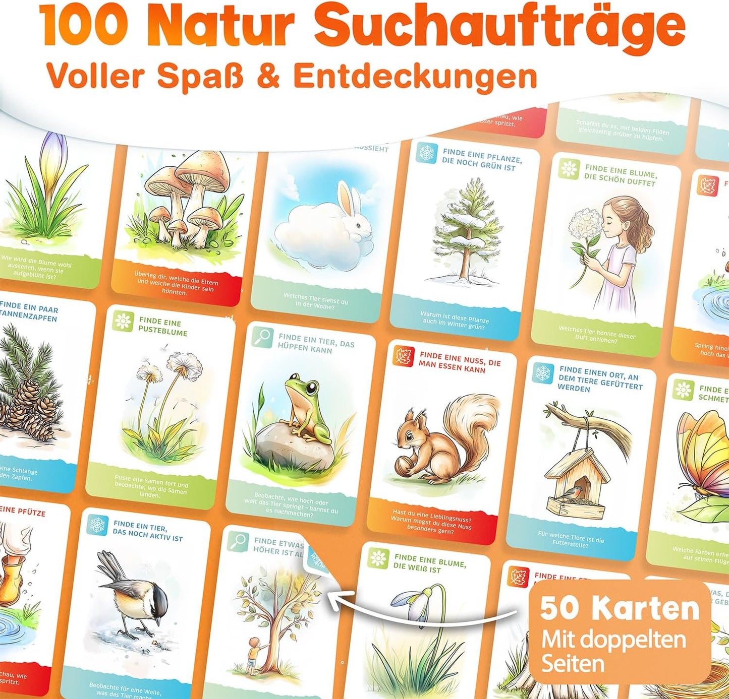 50X Entdeckerkarten Für Kinder (ALLE 4 Jahreszeiten) - Spannendes Suchspiel Zum Natur Entdecken - 100 Aufgaben - Outdoor Spiele Für Kinder - Geschenk Junge Und Mädchen Ab 4, 5, 6, 7, 8 Jahre