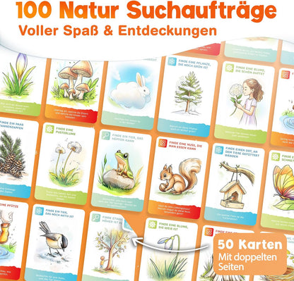 50X Entdeckerkarten Für Kinder (ALLE 4 Jahreszeiten) - Spannendes Suchspiel Zum Natur Entdecken - 100 Aufgaben - Outdoor Spiele Für Kinder - Geschenk Junge Und Mädchen Ab 4, 5, 6, 7, 8 Jahre